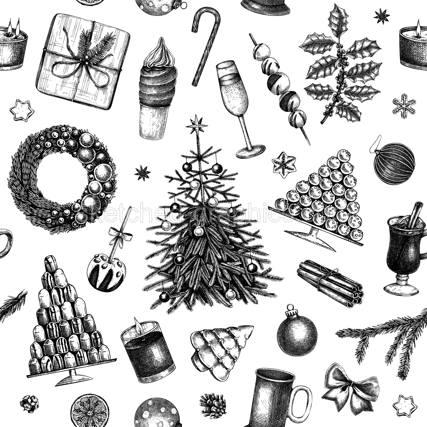 Christmas seamless pattern. Hand drawn vector illustration. Vintage background. Winter holiday decoration. Christmas tree, Christmas wreath, hot drinks, cookies, pastries, sweets sketches Illustration